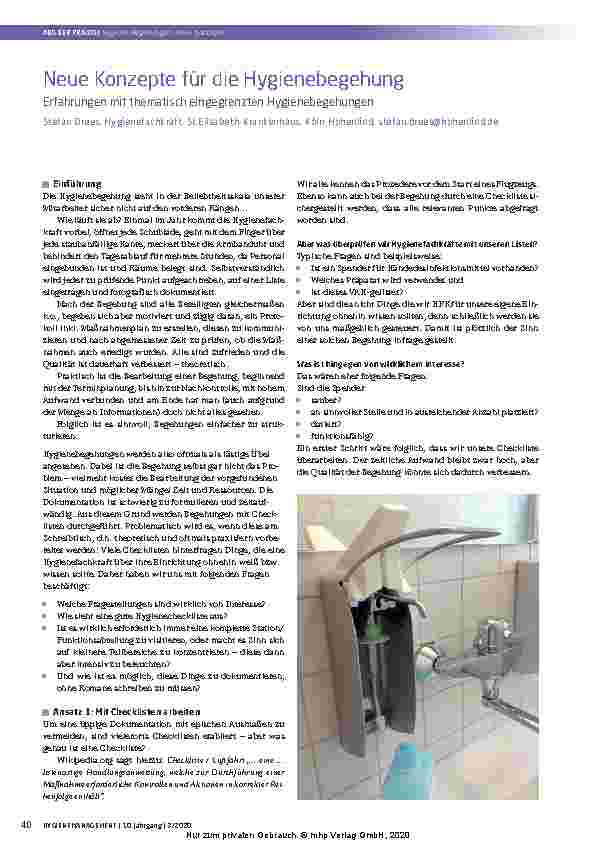 Vorschauseite 1: Neue Konzepte für die Hygienebegehung: Erfahrungen mit thematisch eingegrenzten Hygienebegehungen.