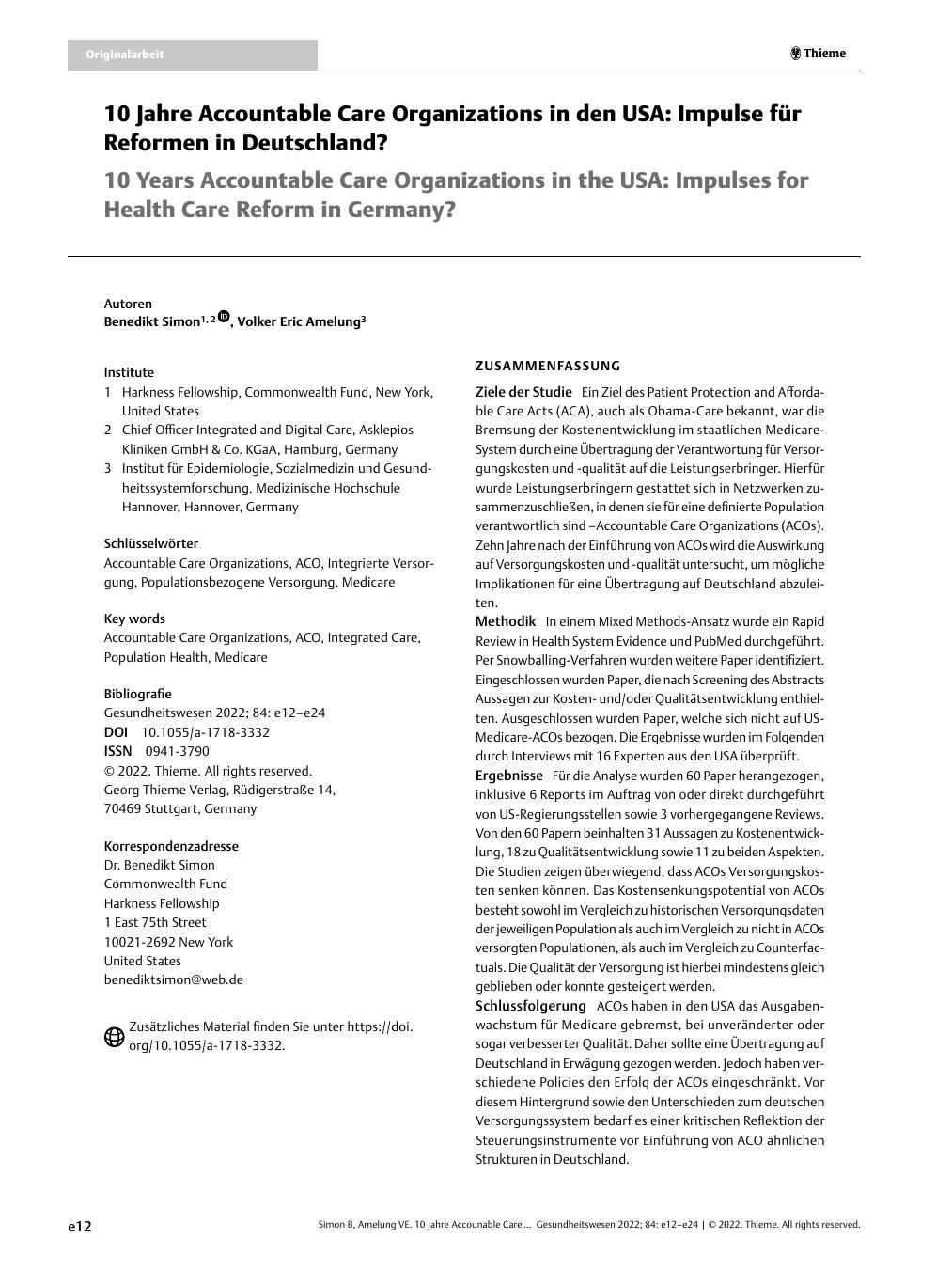 Vorschauseite 1: 10 Jahre Accountable Care Organizations in den USA: Impulse für Reformen in Deutschland?