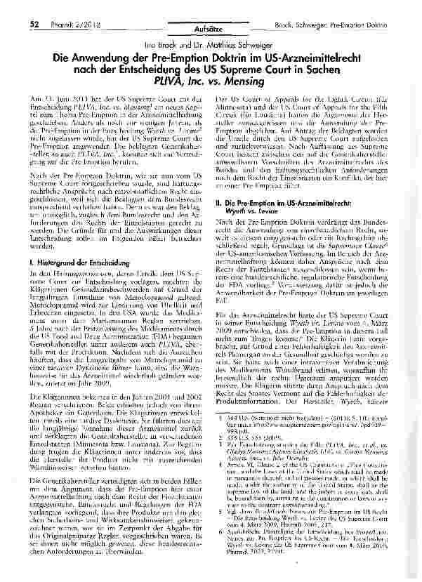 Vorschauseite 1: Die Anwendung der Pre-Emption Doktrin im US-Arzneimittelrecht nach der Entscheidung des US Supreme Court in Sachen PLIVA, Inc. vs. Mensing