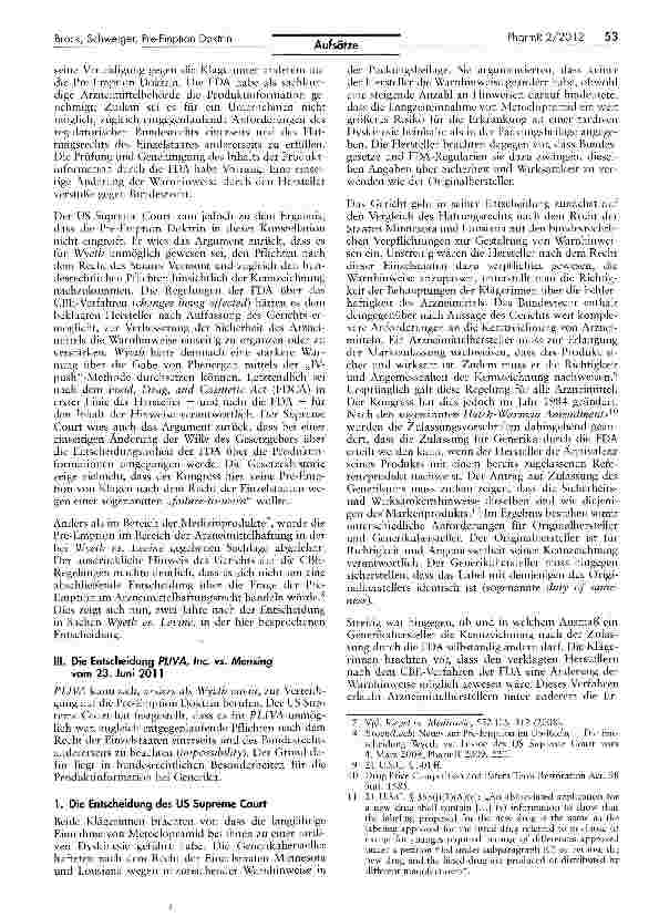Vorschauseite 2: Die Anwendung der Pre-Emption Doktrin im US-Arzneimittelrecht nach der Entscheidung des US Supreme Court in Sachen PLIVA, Inc. vs. Mensing