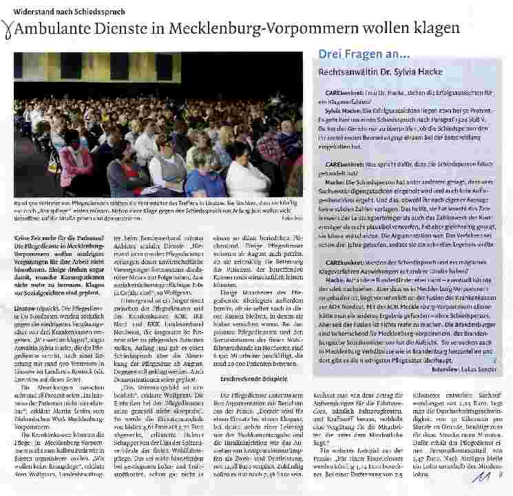 Vorschauseite 1: Ambulante Dienste in Mecklenburg-Vorpommern wollen klagen