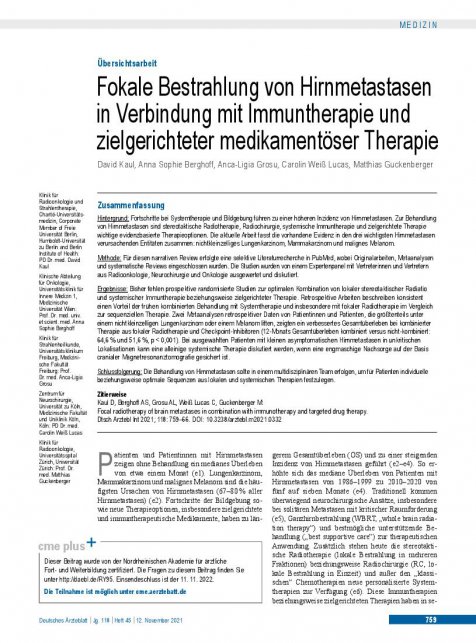 Vorschauseite 1: Fokale Bestrahlung von Hirnmetastasen in Verbindung mit Immuntherapie und zielgerichteter medikamentöser Therapie