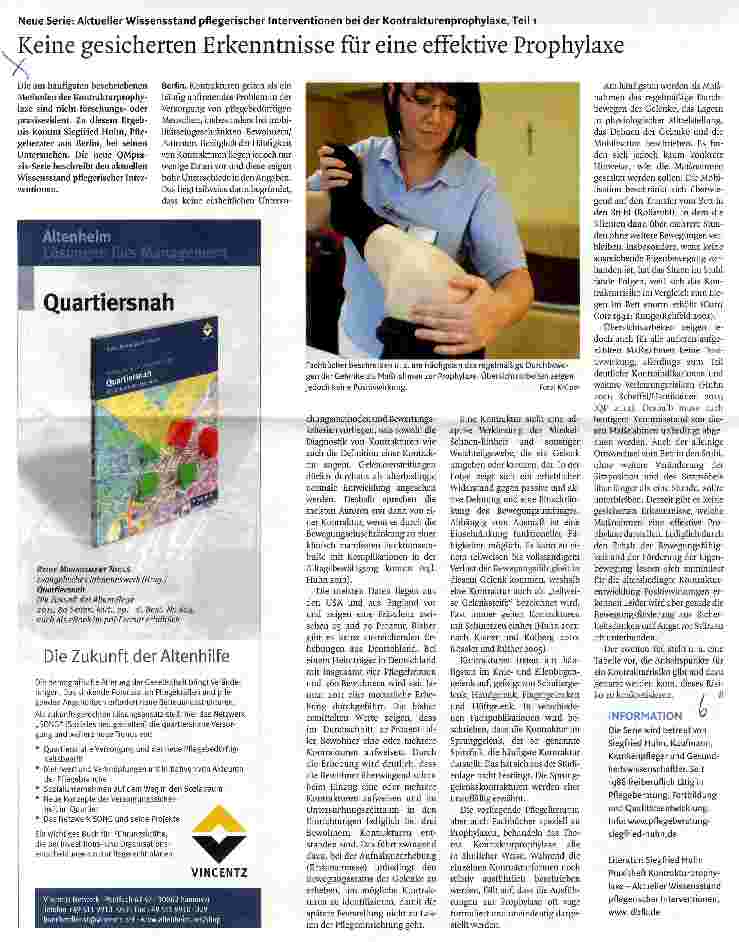 Vorschauseite 1: Neue Serie: Aktueller Wissensstand pflegerischer Interventionen beider Kontrakturenprophylaxe, Teil 1 Keine gesicherten Erkenntnisse für eine effektive Prophylaxe