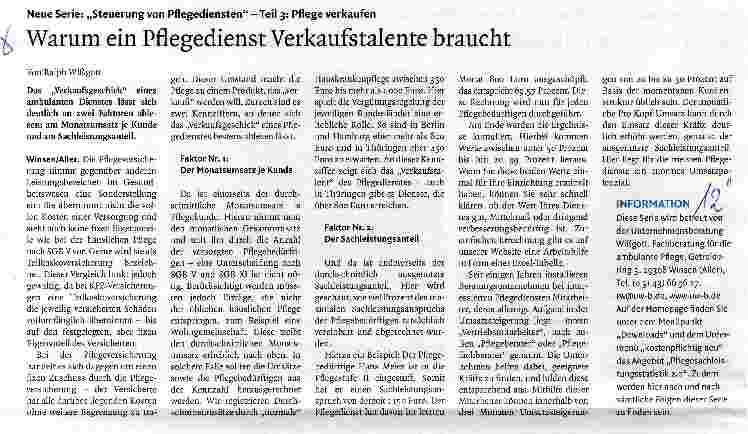 Vorschauseite 1: Neue Serie: „Steuerung von Pflegediensten - Teil 3: Pflege verkaufen Warum ein Pflegedienst Verkaufstalente braucht