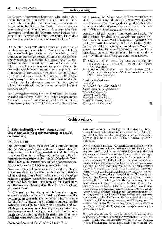 Vorschauseite 1: Drittmittelverträge — Kein Anspruch auf Einsichtnahme in Kooperationsvertrag im Bereich der Forschung EFG§§4IS2 in