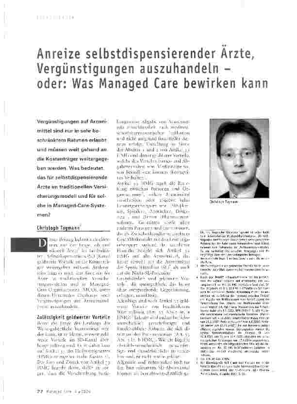Vorschauseite 1: Anreize selbstdispensierender Ärzte, Vergünstigungen auszuhandeln -oder: Was Managed Care bewirken kann