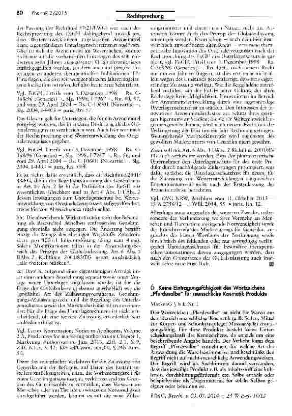 Vorschauseite 1: Keine Eintragungsfähigkeit des Wortzeichens „Pferdesalbe für menschliche Kosmetik-Produkte Marken G $ 8 II Nr. 1