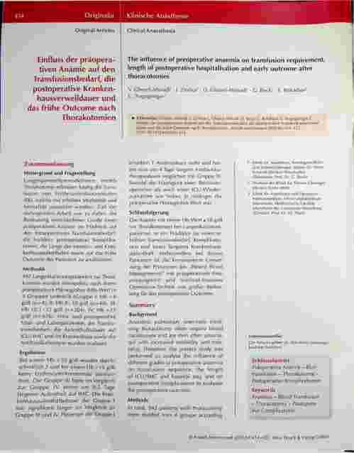 Vorschauseite 1: Einfluss der präoperativen Anämie auf den Transfusionsbedarf, die postoperative Krankenhausverweildauer und das frühe Outcome nach Thorakotomien