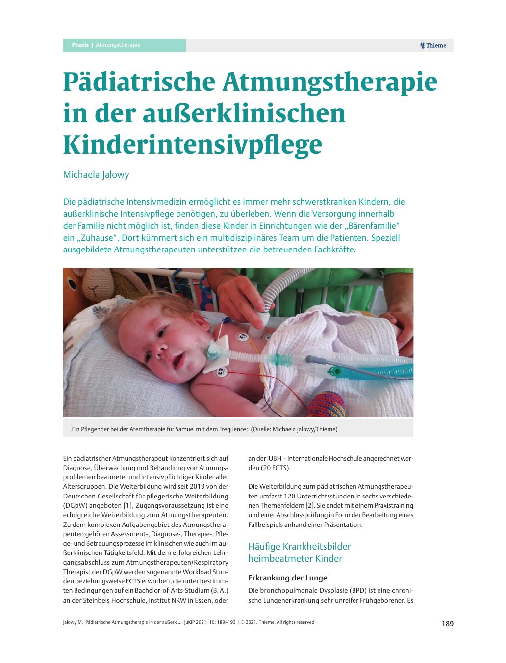 Vorschauseite 1: Pädiatrische Atmungstherapie in der außerklinischen Kinderintensivpflege