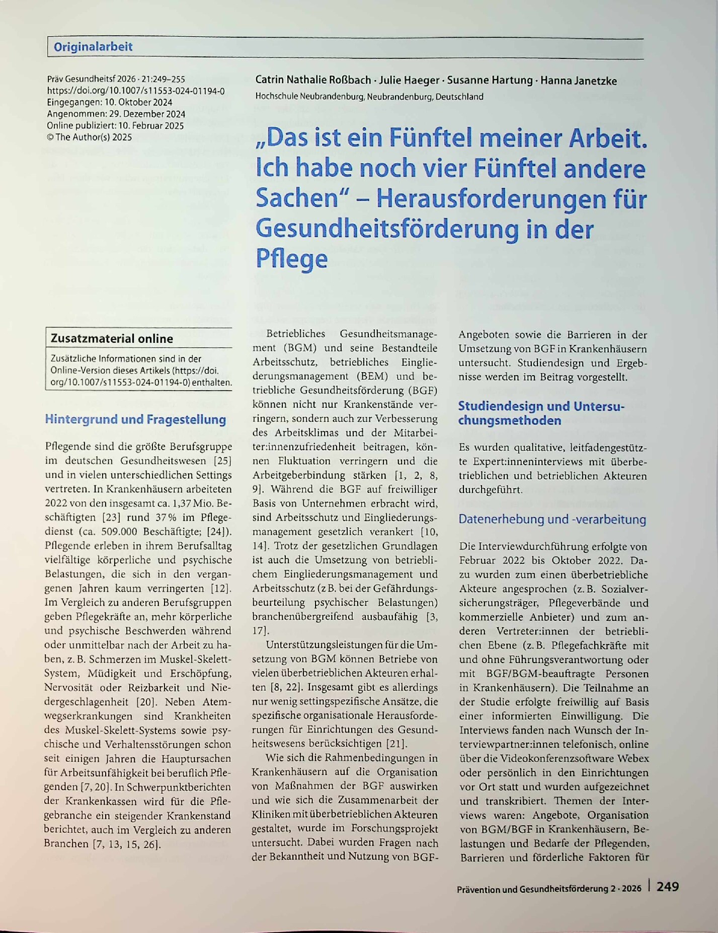 Vorschauseite 1: „Das ist ein Fünftel meiner Arbeit. Ich habe noch vier Fünftel andere Sachen“ – Herausforderungen für Gesundheitsförderung in der Pflege
