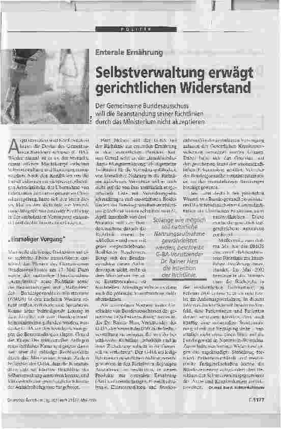 Vorschauseite 1: Selbstverwaltung erwägt gerichtlichen WiderstandEnterale Ernährung