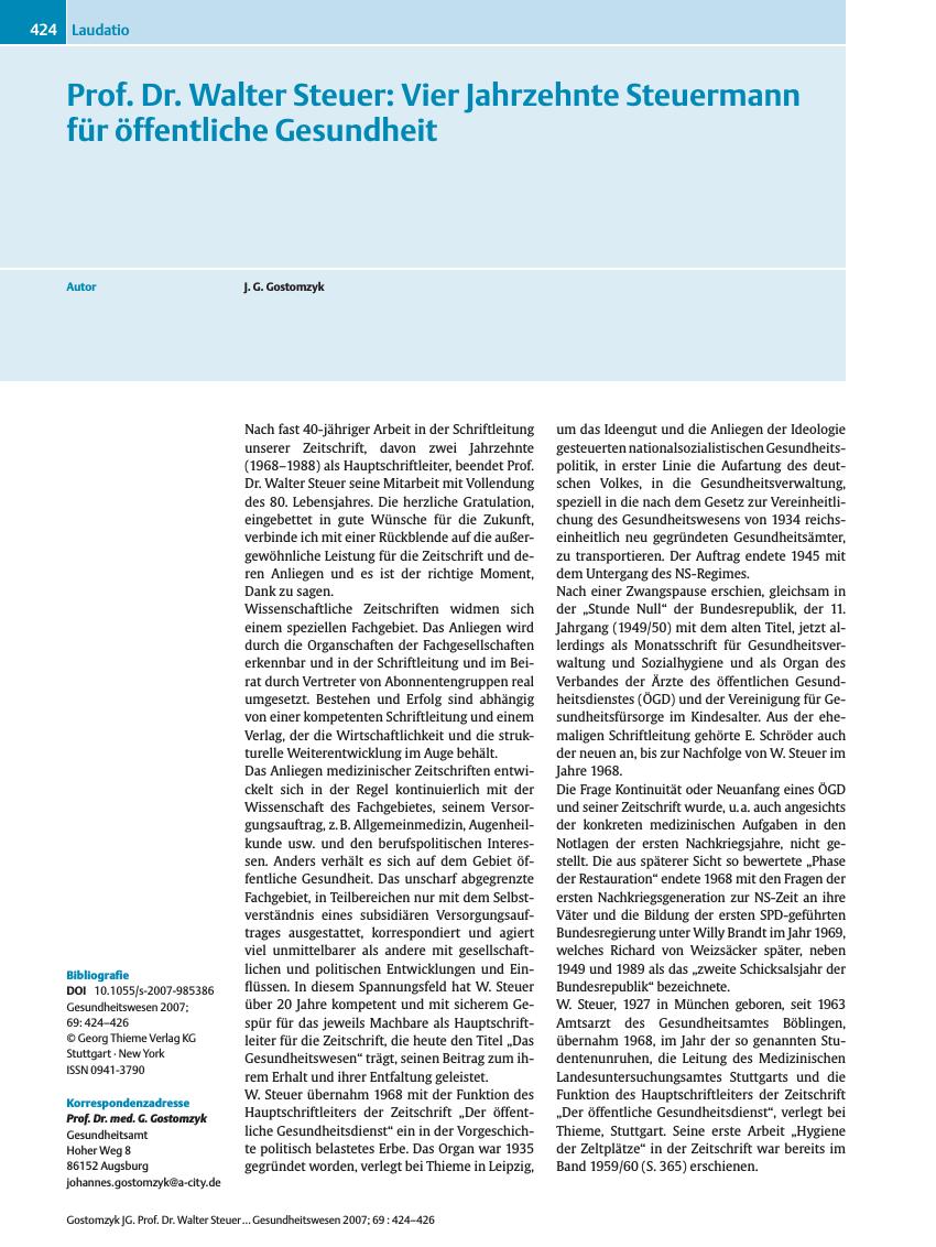 Vorschauseite 1: Prof. Dr. Walter Steuer: Vier Jahrzehnte Steuermann für öffentliche Gesundheit