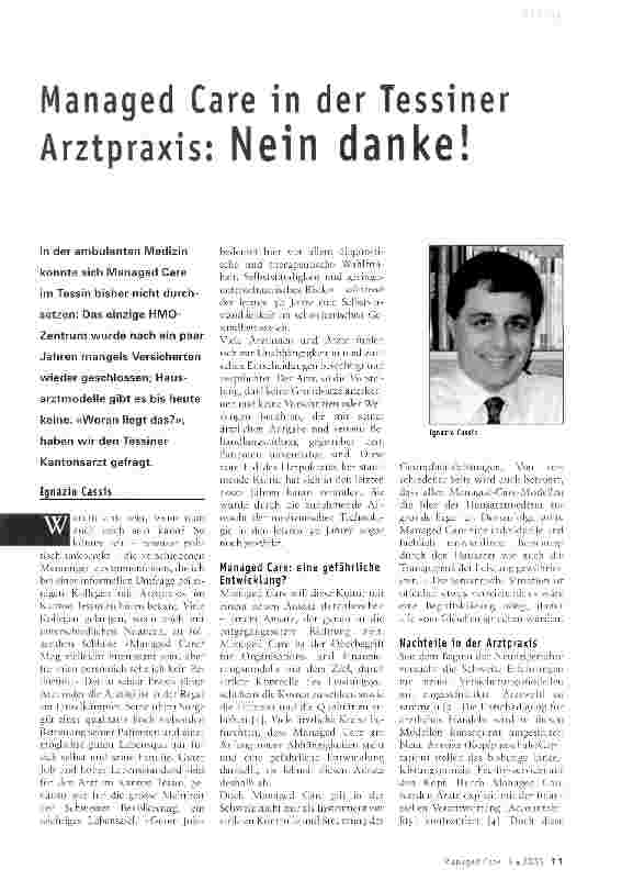 Vorschauseite 1: Managed Care in der Tessiner Arztpraxis: Nein danke!