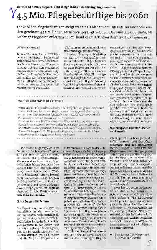 Vorschauseite 1: 4,5 Mio. Pflegebedürftige bis 2060