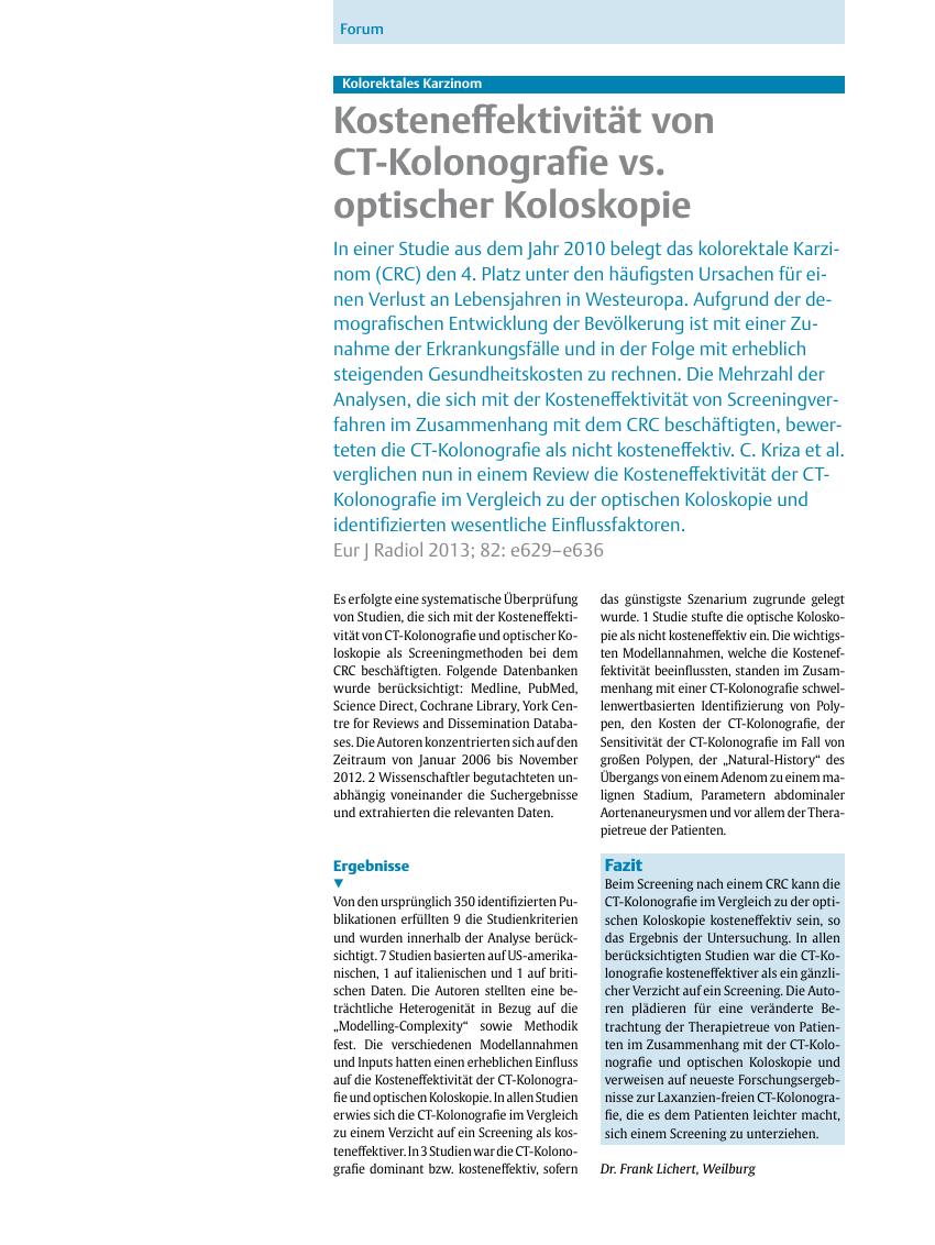 Vorschauseite 1: Kolorektales Karzinom ? Kosteneffektivität von CT-Kolonografie vs. optischer Koloskopie