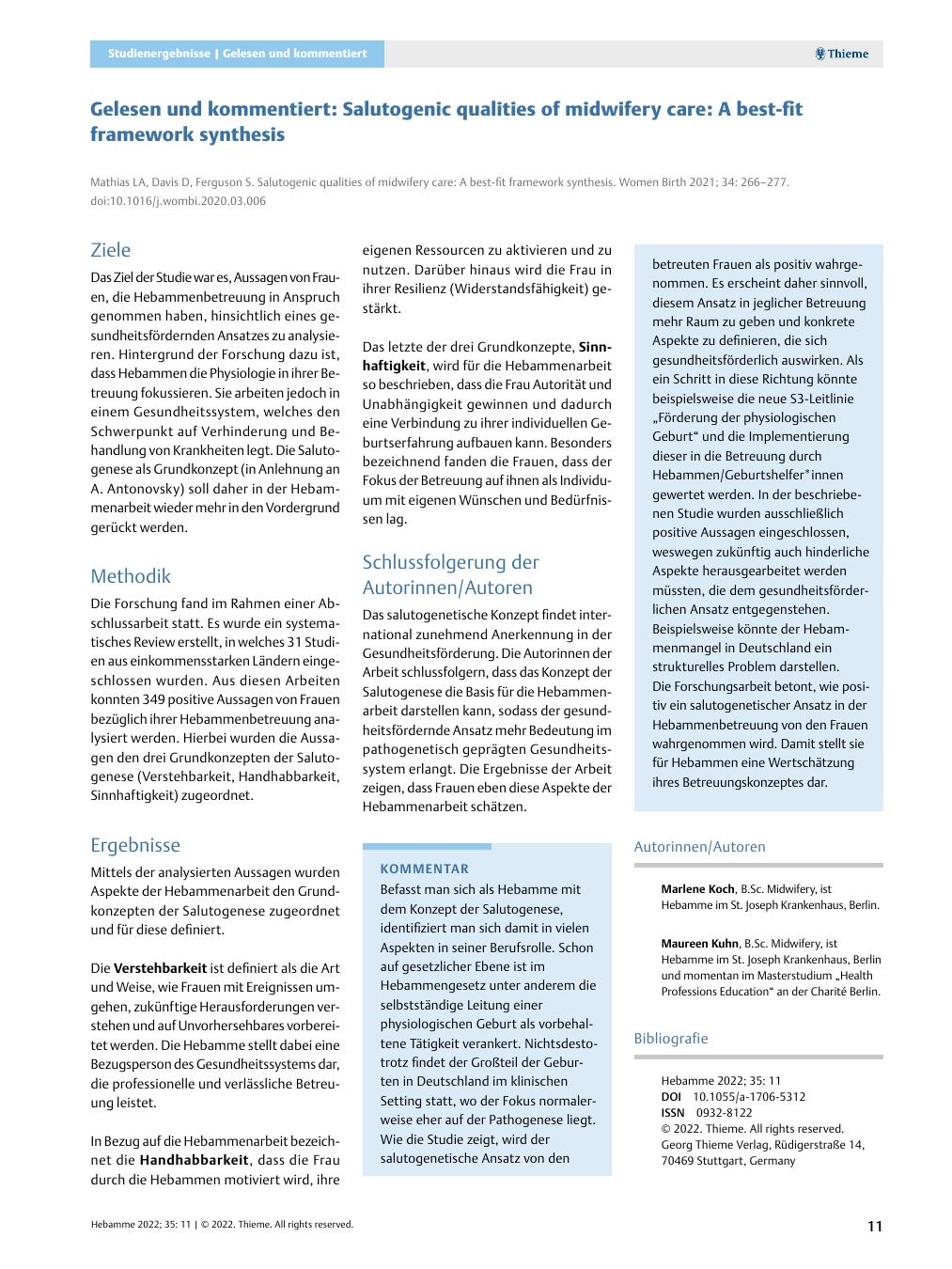 Vorschauseite 1: Gelesen und kommentiert: Salutogene Qualitäten der Hebammenbetreuung: Eine Best-Fit-Framework-Synthese
