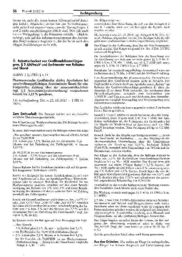 Vorschauseite 1: Rabattierbarkeit von Großhandelszuschlägen gem. § 2 AMPreisV und Rechtsnatur von Rabatten und Skonti AMPrV§2;UWG §4 11