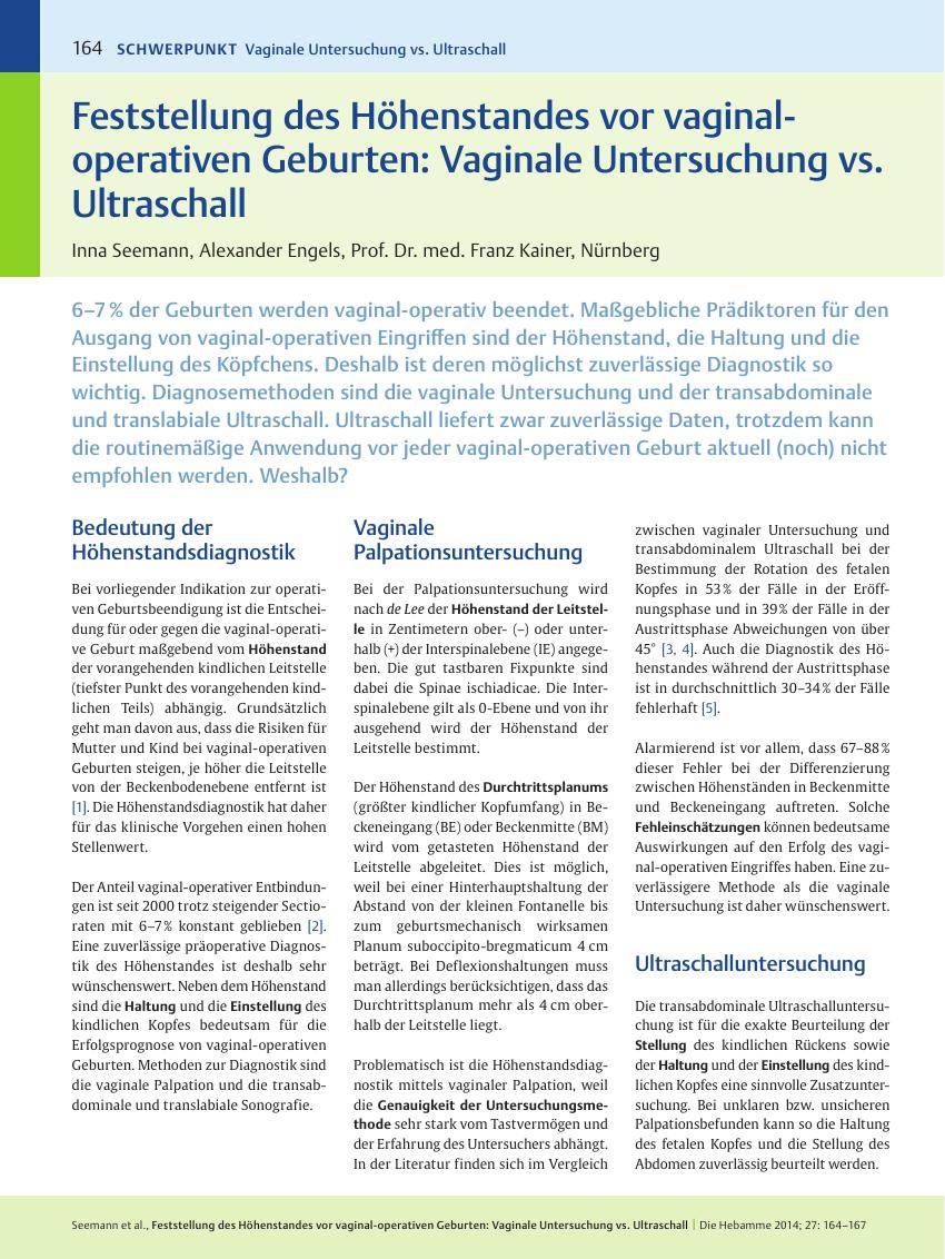 Vorschauseite 1: Feststellung des Höhenstandes vor vaginal-operativen Geburten: Vaginale Untersuchung vs. Ultraschall