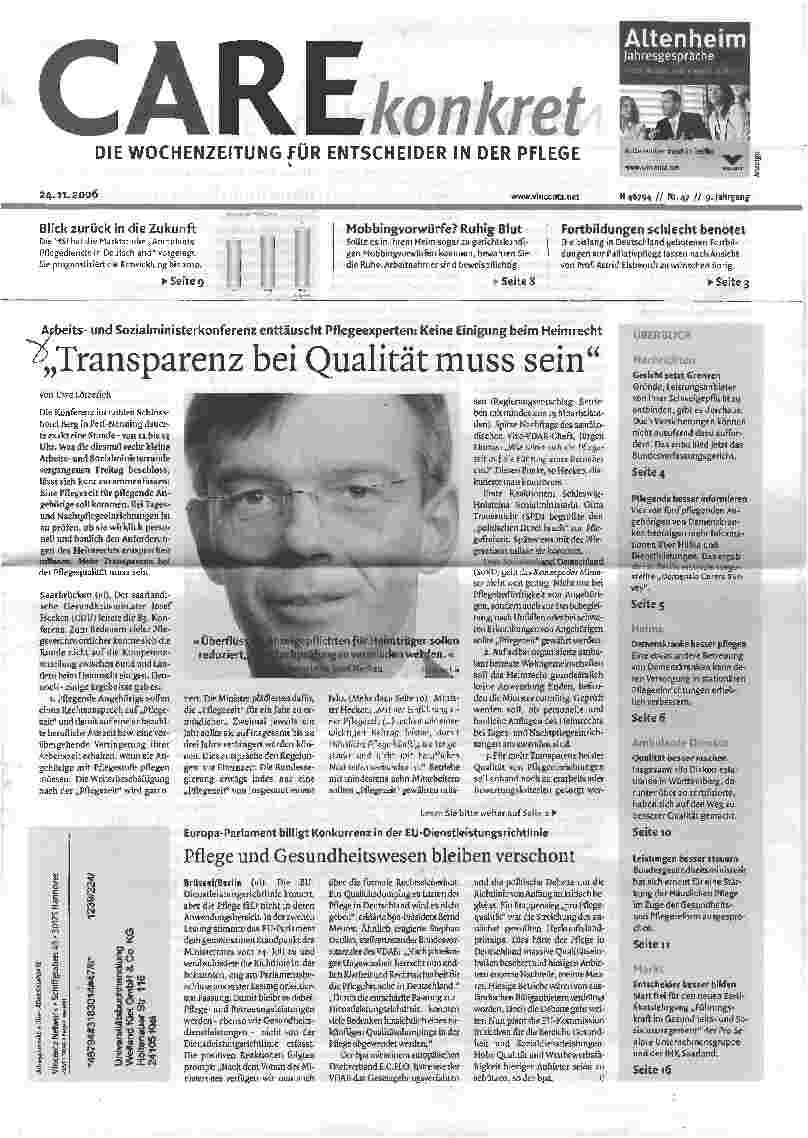 Vorschauseite 1: Arbeitsund Sozialministerkonferenz enttäuscht Pflegeexperten: Keine Einigung beim HeimrechtTransparenz bei Qualität muss sein