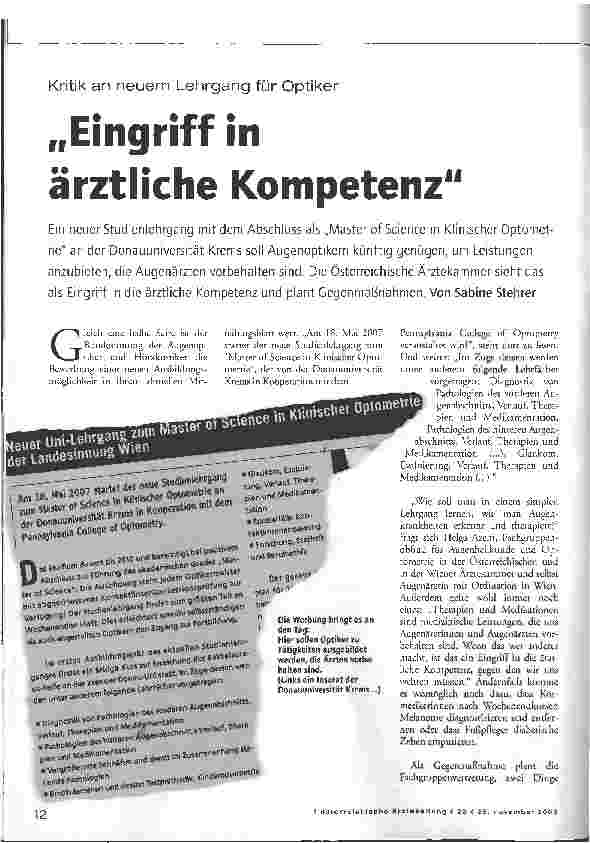 Vorschauseite 1: Kritik an neuem Lehrgang für Optiker - Eingriff in ärztliche Kompetenz