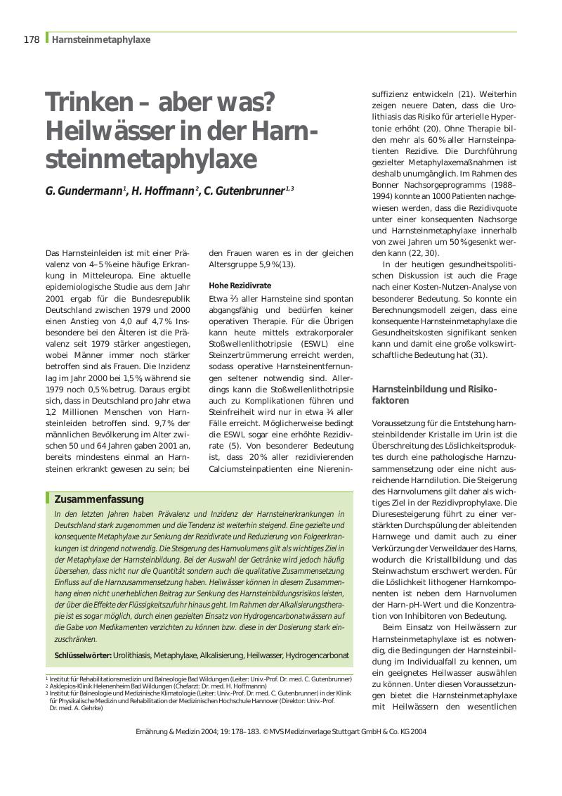 Vorschauseite 1: Trinken - aber was? - Heilwässer in der Harnsteinmetaphylaxe