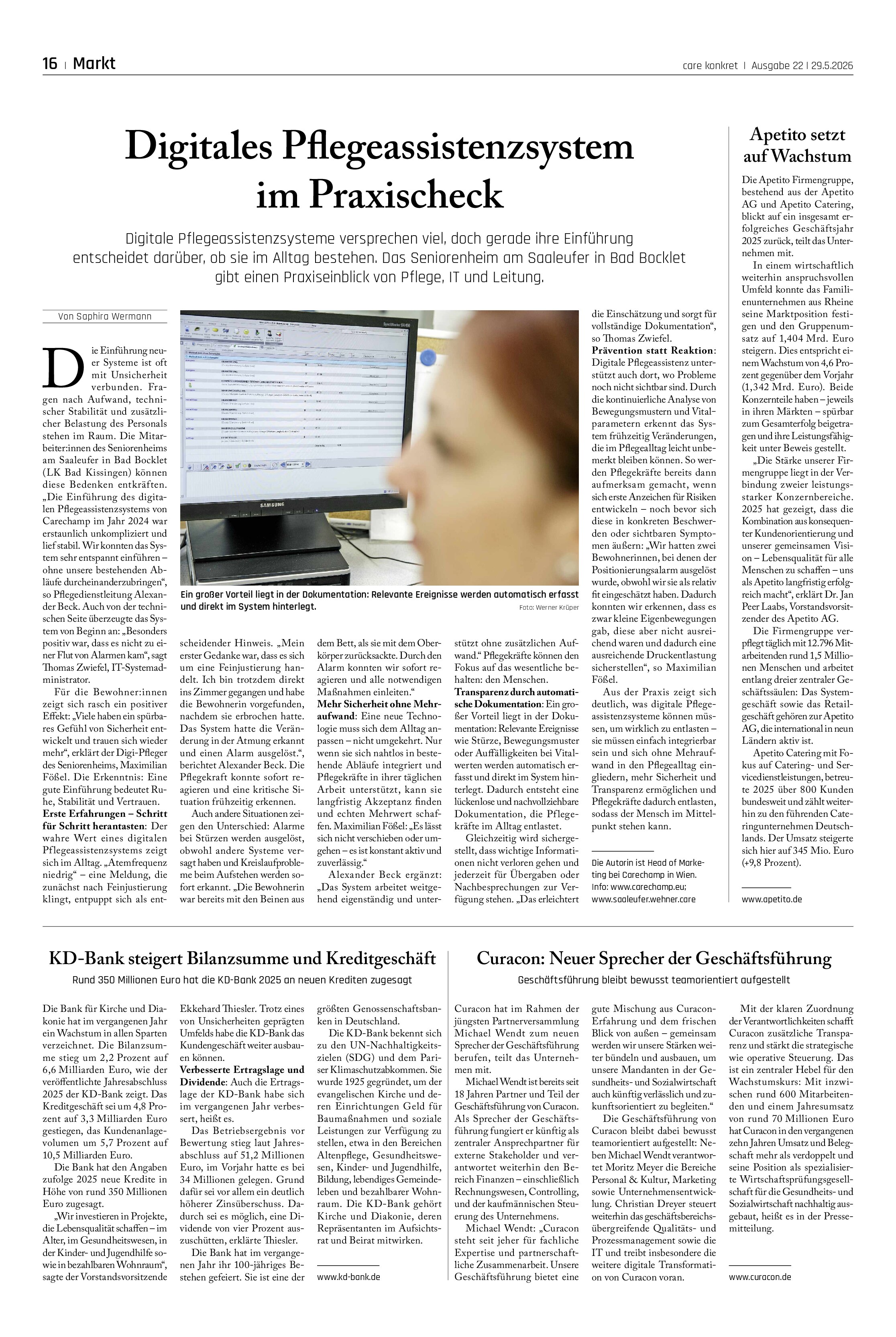 Vorschauseite 1: Digitales Pflegeassistenzsystem Apetito setzt auf Wachstum