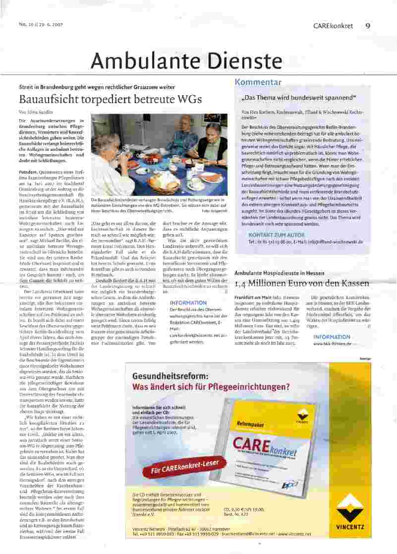 Vorschauseite 1: Bauaufsicht torpediert betreute WGs