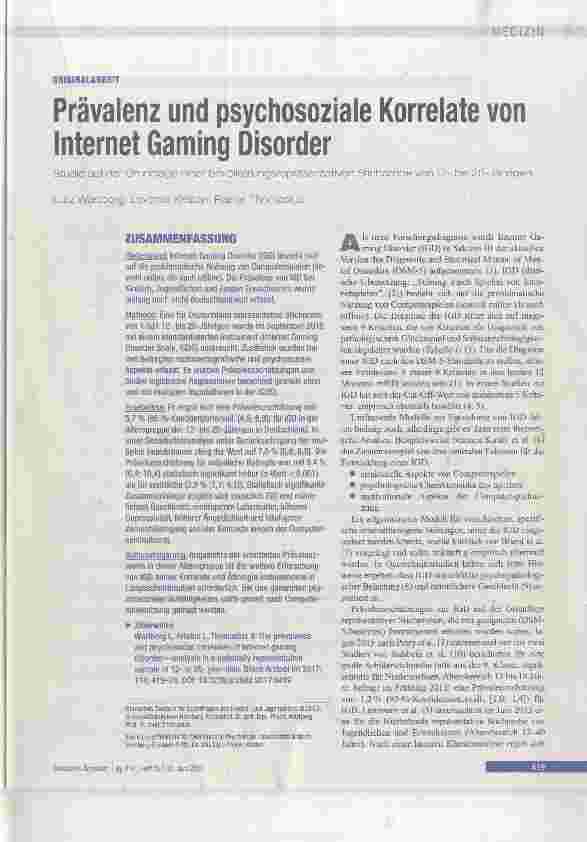 Vorschauseite 1: Prävalenz und psychosoziale Korrelate von Internet Gaming Disorder