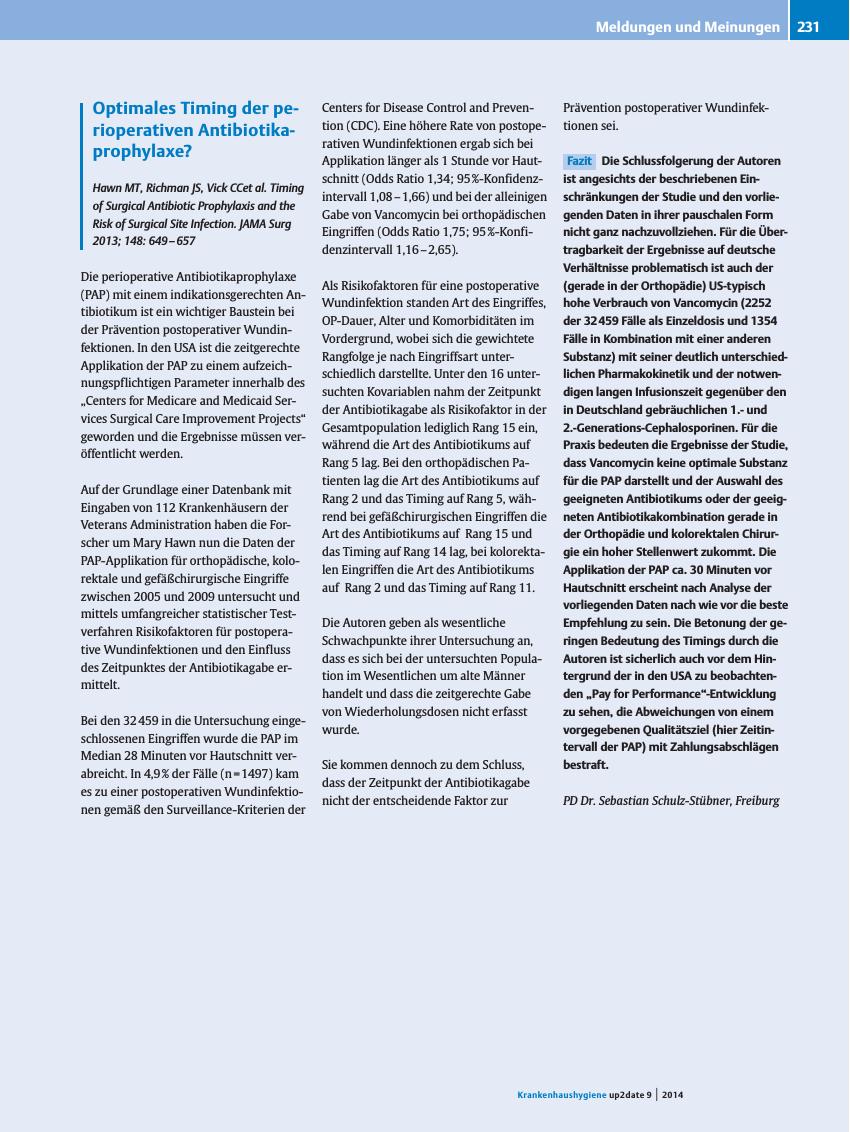 Vorschauseite 1: Optimales Timing der perioperativen Antibiotikaprophylaxe?