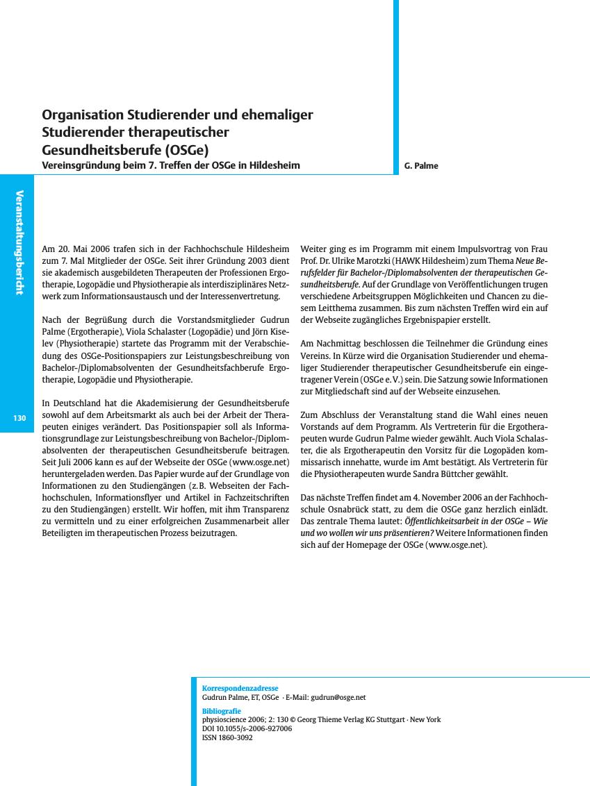 Vorschauseite 1: Organisation Studierender und ehemaliger Studierender therapeutischer Gesundheitsberufe (OSGe)