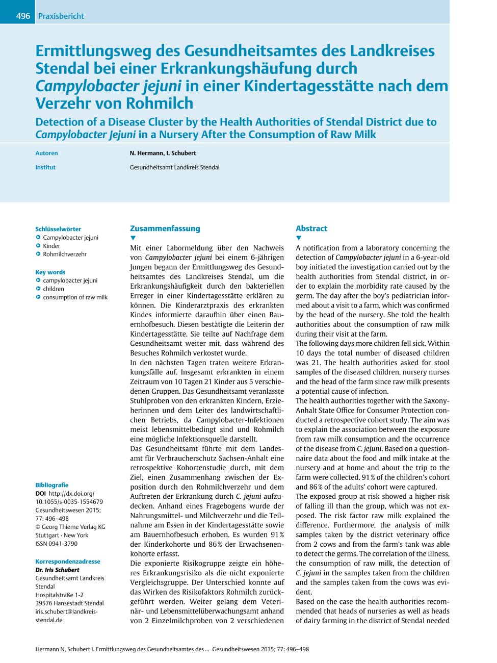 Vorschauseite 1: Ermittlungsweg des Gesundheitsamtes des Landkreises Stendal bei einer Erkrankungshäufung durch Campylobacter jejuni in einer Kindertagesstätte nach dem Verzehr von Rohmilch