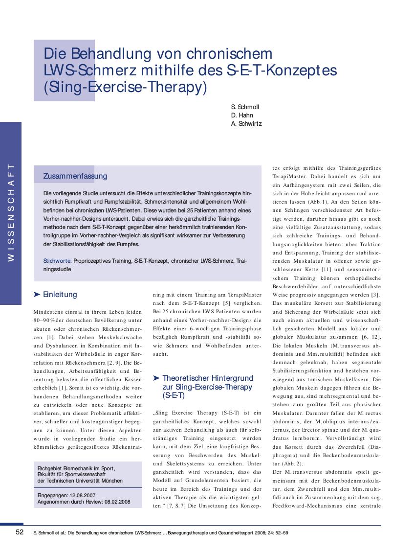 Vorschauseite 1: Die Behandlung von chronischem LWS-Schmerz mithilfe des S-E-T - Konzeptes (Sling-Exercise-Therapy)