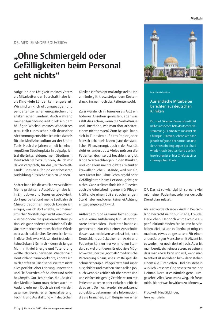 Vorschauseite 1: Dr. med. Skander Bouassida - ?Ohne Schmiergeld oder Gefälligkeiten beim Personal geht nichts?