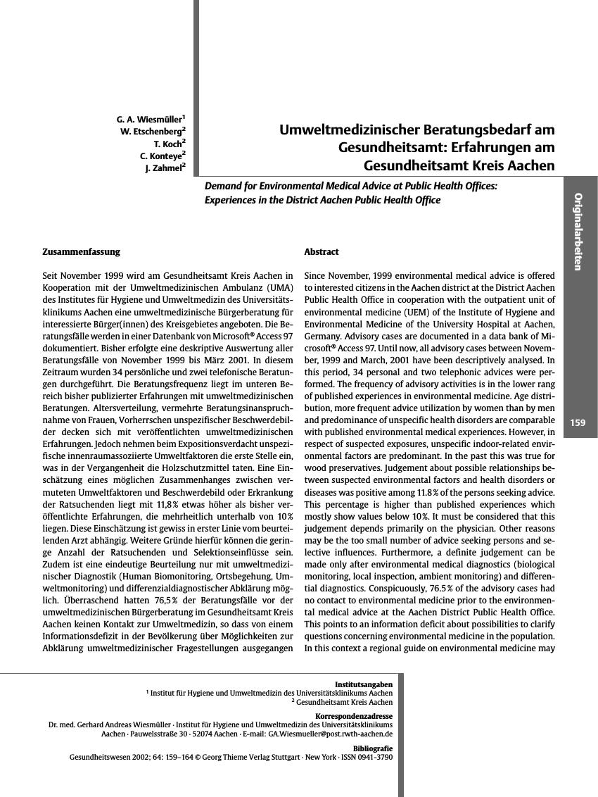 Vorschauseite 1: Umweltmedizinischer Beratungsbedarf am Gesundheitsamt: Erfahrungen am Gesundheitsamt Kreis Aachen