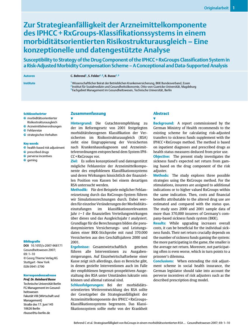 Vorschauseite 1: Zur Strategieanfälligkeit der Arzneimittelkomponente des IPHCC+RxGroups-Klassifikationssystems in einem morbiditätsorientierten Risikostrukturausgleich - Eine konzeptionelle und d…
