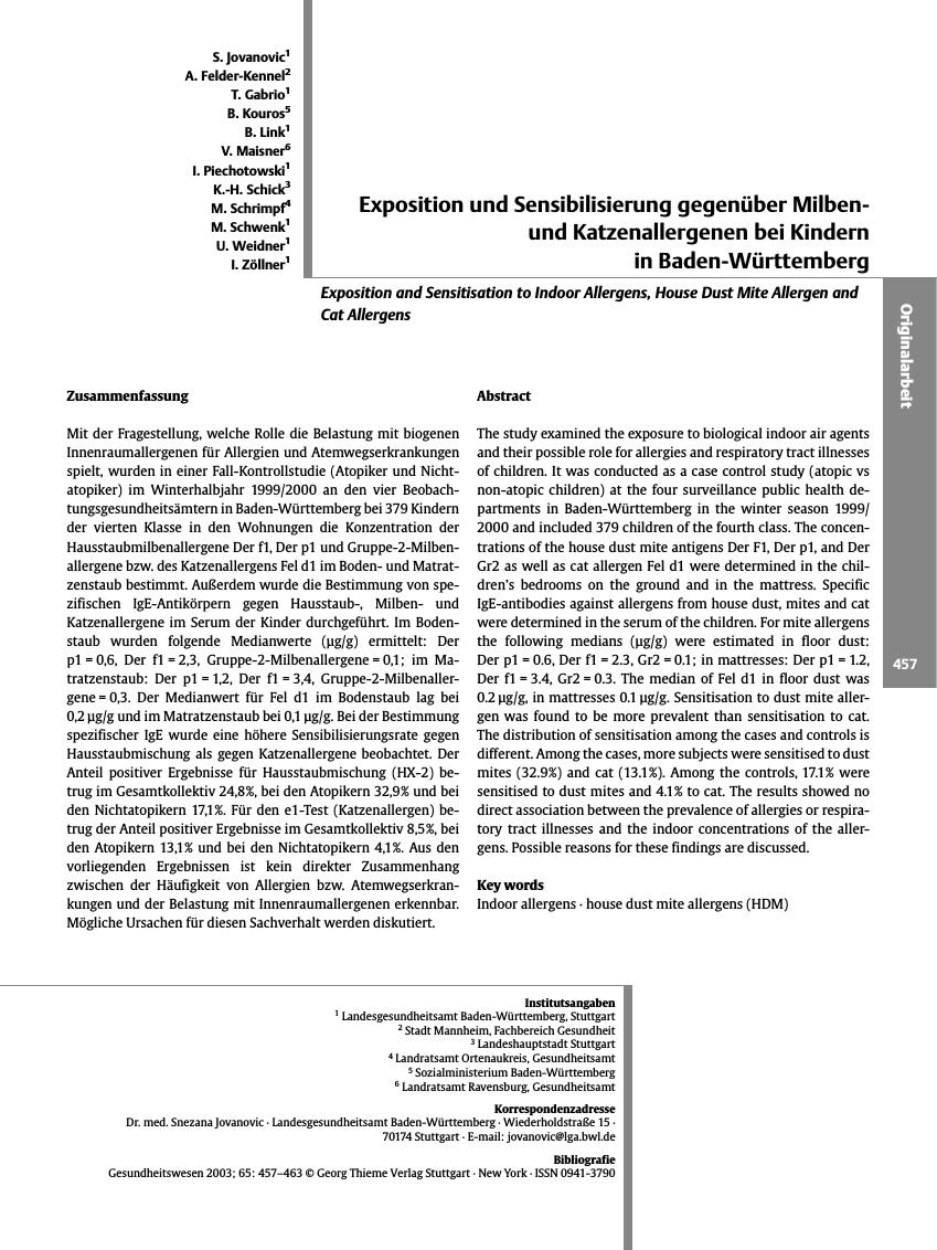 Vorschauseite 1: Exposition und Sensibilisierung gegenüber Milbenund Katzenallergenen bei Kindern in Baden-Württemberg