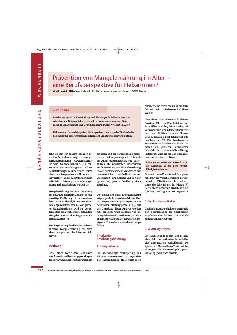 Vorschauseite 1: Prävention von Mangelernährung im Alter - eine Berufsperspektive für Hebammen?
