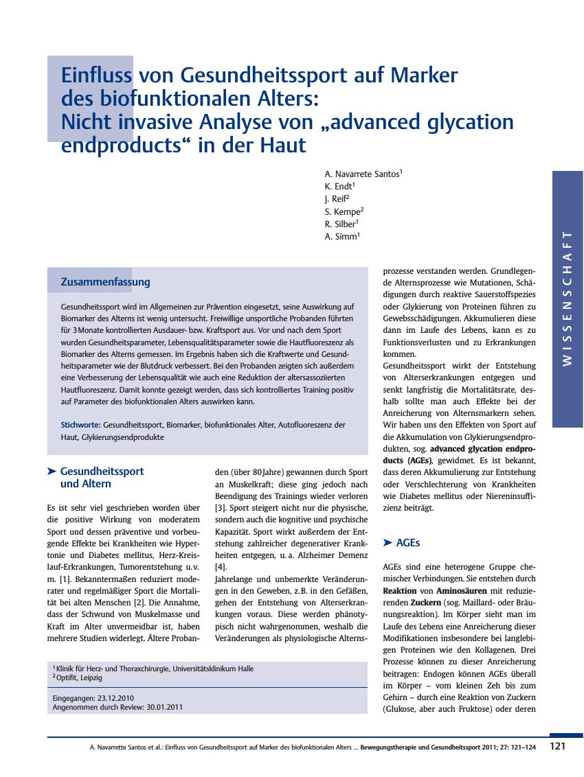 Vorschauseite 1: Einfluss von Gesundheitssport auf Marker des biofunktionalen Alters: Nicht invasive Analyse von „advanced glycation endproducts“ in der Haut