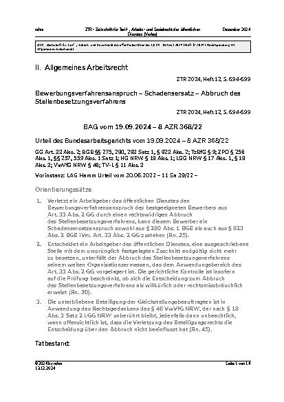 Vorschauseite 1: II. Allgemeines Arbeitsrecht Bewerbungsverfahrensanspruch – Schadensersatz – Abbruch des Stellenbesetzungsverfahrens