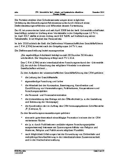 Vorschauseite 2: II. Allgemeines Arbeitsrecht Bewerbungsverfahrensanspruch – Schadensersatz – Abbruch des Stellenbesetzungsverfahrens