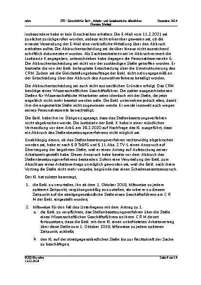 Vorschauseite 4: II. Allgemeines Arbeitsrecht Bewerbungsverfahrensanspruch – Schadensersatz – Abbruch des Stellenbesetzungsverfahrens