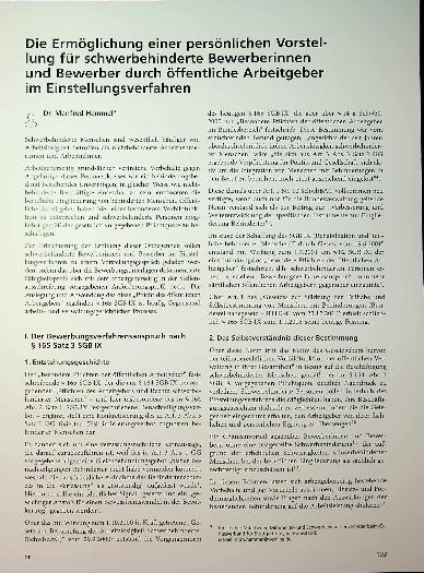 Vorschauseite 1: Die Ermöglichung einer persönlichen Vorstellung für schwerbehinderte Bewerberinnen und Bewerber durch öffentliche Arbeitgeber im Einstellungsverfahren.