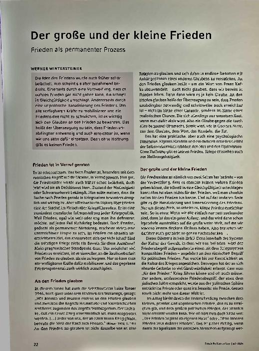 Vorschauseite 1: Der große und der kleine Frieden. Frieden als permanenter Prozess.