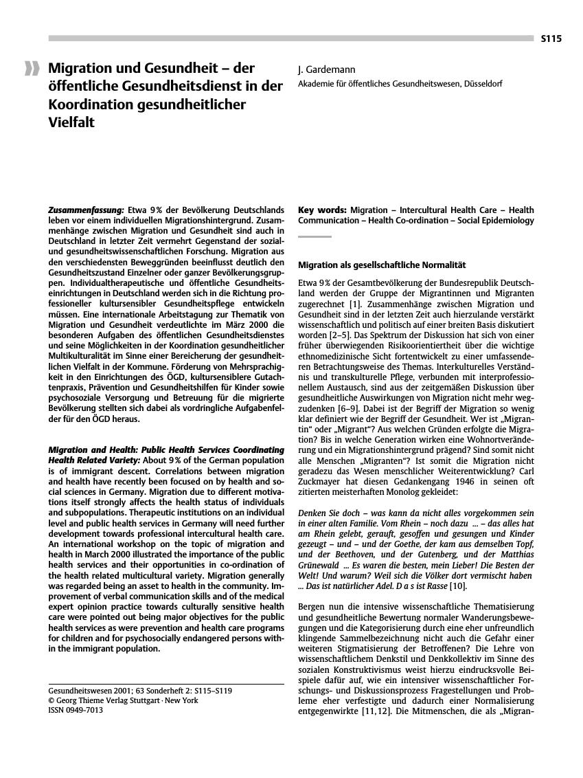 Vorschauseite 1: Migration und Gesundheit - der öffentliche Gesundheitsdienst in der Koordination gesundheitlicher Vielfalt
