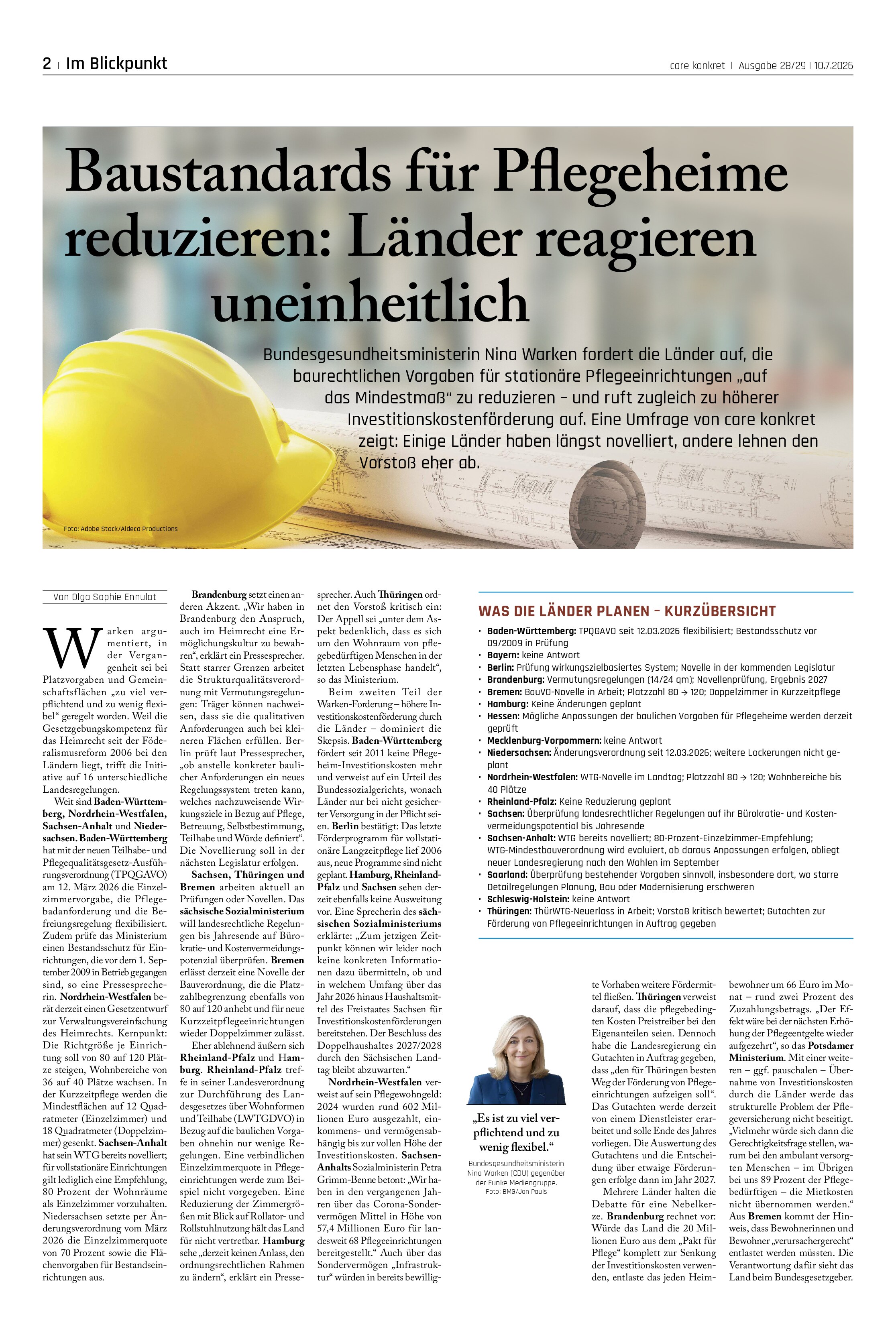 Vorschauseite 1: Baustandards für Pflegeheime reduzieren: Länder reagieren uneinheitlich