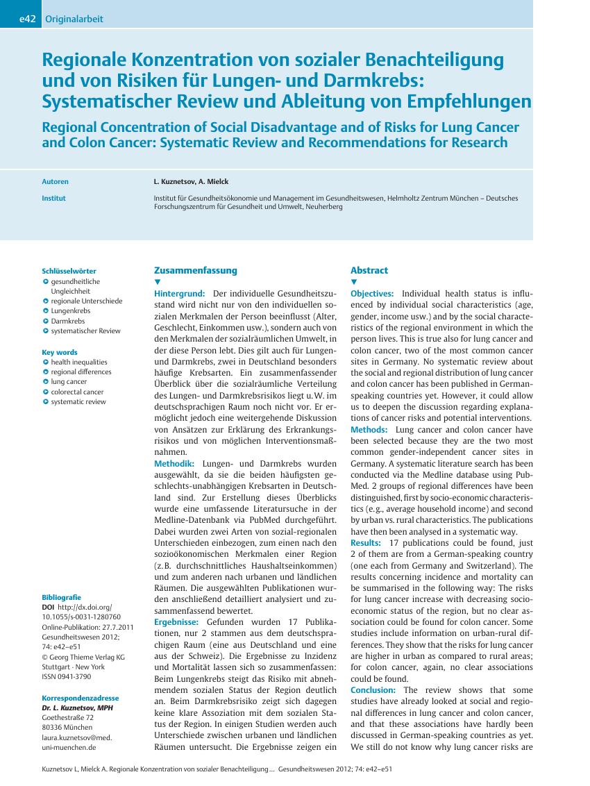 Vorschauseite 1: Regionale Konzentration von sozialer Benachteiligung und von Risiken für Lungenund Darmkrebs: Systematischer Review und Ableitung von Empfehlungen