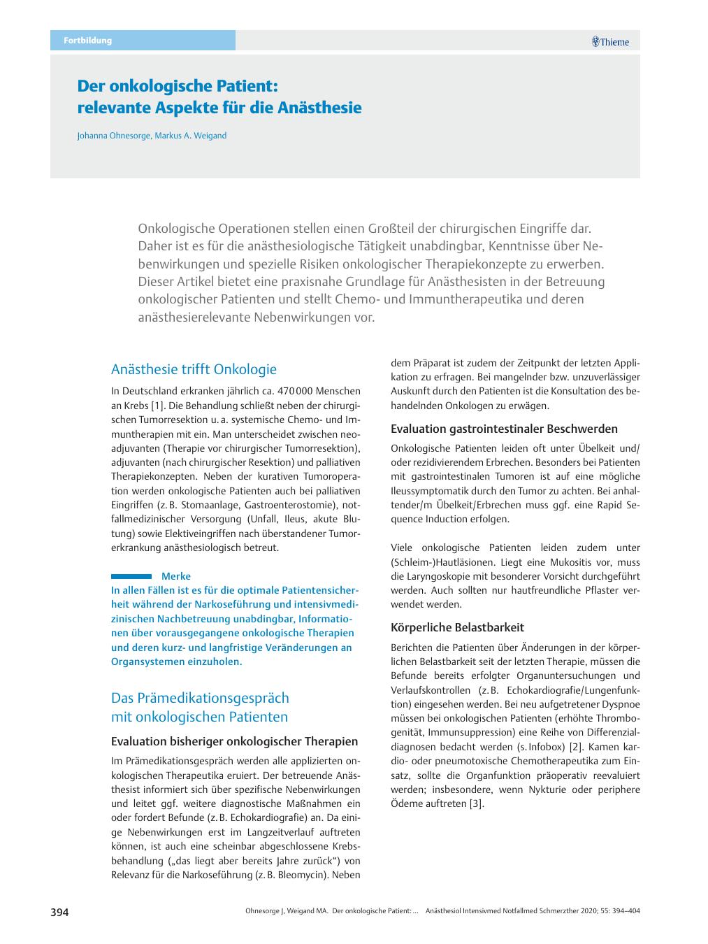 Vorschauseite 1: Der onkologische Patient: relevante Aspekte für die Anästhesie