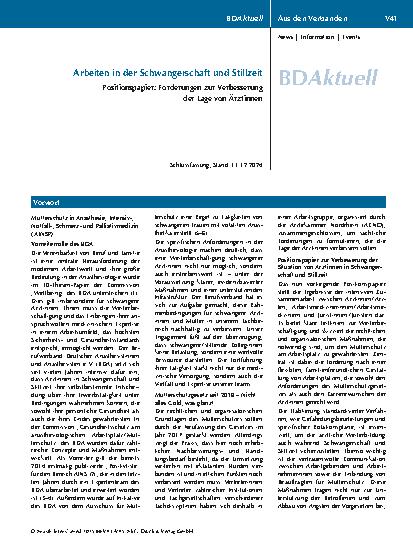 Vorschauseite 1: Arbeiten in der Schwangerschaft und Stillzeit Positionspapier: Forderungen zur Verbesserung der Lage von Ärztinnen