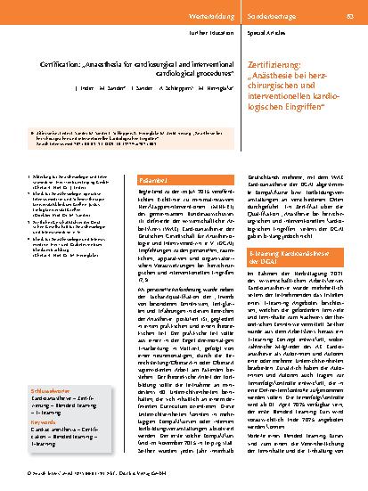 Vorschauseite 1: Zertifizierung: „Anästhesie bei herzchirurgischen und interventionellen kardiologischen Eingriffen“