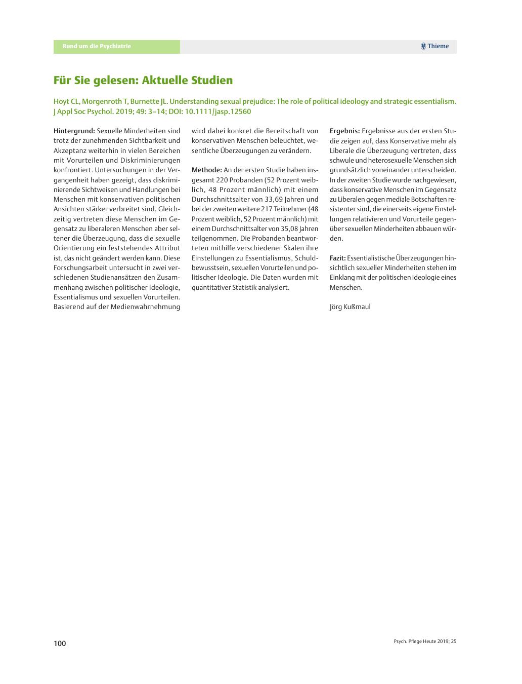 Vorschauseite 1: Für Sie gelesen: Aktuelle Studien: Hoyt CL, Morgenroth T, Burnette JL. Understanding sexual prejudice: The role of political ideology and strategic essentialism. J Appl Soc Psycho…